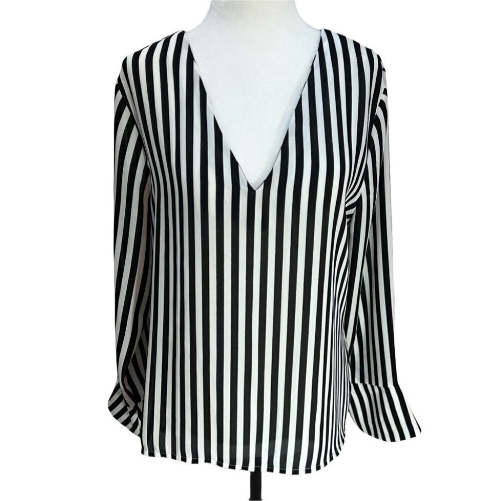 TRICOT Black/White Striped V-Neck Long Sleeve Blouse Top Size M - Picture 2 of 9